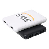 A white and black power bank featuring multiple USB ports and a logo on the front.