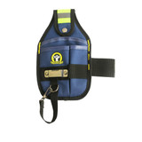 A portable tool waist pouch in navy blue with reflective strips and a clip for attachment. It features a logo.