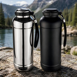 A drink bottle set featuring a shiny silver and a matte black design, both with a carrying strap and lid.