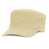 A military-style cap in a light beige colour with a logo on the side.