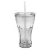 A drink bottle features a sleek, clear plastic design with a curved shape, a lid, and a straw for easy sipping.