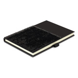 A black sequin notebook with a textured sequin cover and a matching black spine. It features a ribbon bookmark.