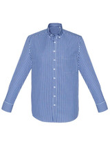 A blue and white checkered long sleeve button-up shirt with a collar and branding.