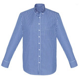 A blue and white checked long sleeve button-up shirt with a collar and cuffs, featuring branding on the chest.
