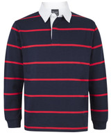 A navy blue rugby shirt with red horizontal stripes and a white collar. Features a logo on the upper section.