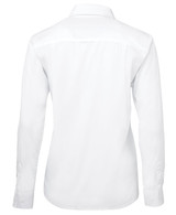 A white long-sleeve poplin shirt for ladies, featuring a back view with a smooth finish and collar. A white long-sleeve poplin shirt for ladies, featuring a back view with a smooth finish and collar.