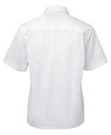 A white short-sleeved button-up shirt, featuring a classic collar and a logo on the back.