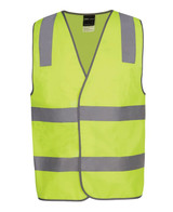 A lime safety vest with grey reflective stripes and a logo, designed for safety wear. A lime safety vest with grey reflective stripes and a logo, designed for safety wear.