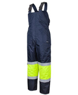 A navy bib and brace with lime reflective tape, designed as safety wear, featuring shoulder straps and wide legs. A navy bib and brace with lime reflective tape, designed as safety wear, featuring shoulder straps and wide legs.