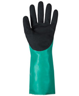 A green and black nitrile chemical glove with a textured black palm and a smooth green cuff. Features a logo.
