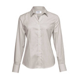A women's button-up shirt in a cream and brown check pattern, featuring a collar and long sleeves. Includes a logo.