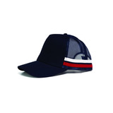 A navy cap with a mesh back and red, white, and blue stripes. Features a logo.