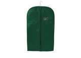 A green non-woven garment bag featuring a zip closure and a top hanger. It has a transparent pocket for identification.