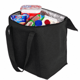 A black cooler bag filled with various food items, including drink containers and a tub of cheese.