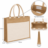 A jute tote bag with a natural brown finish and a cream pocket, featuring two handles and a velcro closure.