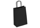 A black kraft paper bag with two handles and a rectangular design. It features a simple and smooth surface.