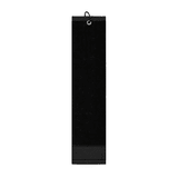 A black cotton golf towel featuring a hang loop, suitable for golf enthusiasts.
