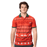 A vibrant red polo shirt with green collar, featuring festive patterns and a logo. A vibrant red polo shirt with green collar, featuring festive patterns and a logo.