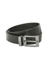 A black leather belt featuring a silver buckle and a simple, classic design.