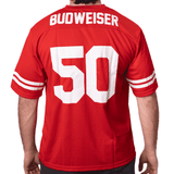 A red NFL jersey featuring a large white number 50 on the back and a logo on the upper section.