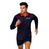 A man runs in a navy and red long-sleeve polo with a logo, designed for sports uniforms.