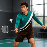 A unisex long-sleeve sports jersey in teal and brown with a logo, designed for active sports.