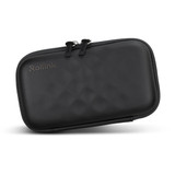 A black zippered travel pouch with a textured surface, featuring a logo on the front.