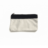 A canvas pencil case in cream and black, featuring a zip closure and a logo on the front.