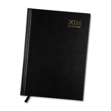 A black A5 diary for 2026 with a textured cover and a ribbon bookmark. It features a logo on the front.