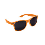Orange classic sunglasses with black lenses and a sleek design, featuring a logo on the frame.