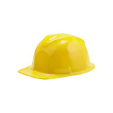 A mini PVC construction hat in bright yellow, featuring a smooth, shiny surface and a wide brim.