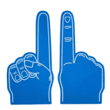 A pair of blue EVA foam hand supporters showing a raised index finger and a hand with a raised pinky.