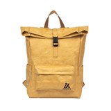 A yellow Tyvek roll-top backpack with a front pocket and an adjustable strap, featuring a logo.