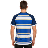 A blue and white striped V-neck raglan T-shirt with a logo on the back, made from 100% polyester micro mesh.
