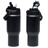 A drink bottle in matte black featuring a spill-proof lid and a built-in straw, with a secure handle and a logo.
