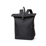 A roll top laptop backpack in black, featuring adjustable straps and side zip pockets, with a branding logo.