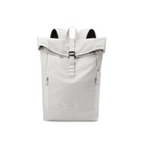 A grey canvas roll top vintage backpack with adjustable straps and zippered pockets. It features a logo on the front.