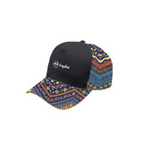 A five-panel custom cap featuring a vibrant patterned design in blue, yellow, and red with a front logo.
