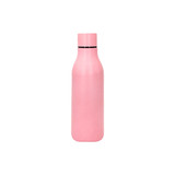 A drink bottle with a sleek, powder-painted finish in pink, featuring a cap and a logo.
