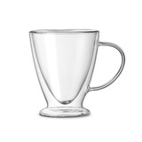 A clear, V-shaped double wall mug with a curved handle and a stable base. Features a logo on the surface.