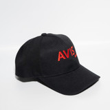 A black baseball cap with a red logo on the front, featuring a strapback design and made from ripstop material. A black baseball cap with a red logo on the front, featuring a strapback design and made from ripstop material.