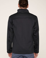 A men's sustainable softshell corporate jacket in black, featuring a collar and a simple, sleek design.