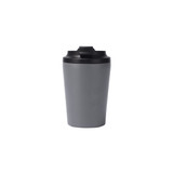 A drink bottle featuring a 350ML powder-coated stainless steel body in grey with a black lid and a logo.