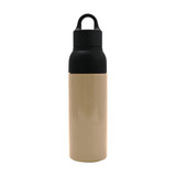 A drink bottle with a beige body and black lid, featuring a handle and a logo.