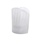 A white disposable non-woven chef hat, designed with pleats and a rounded top, featuring a band at the base.