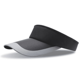 A black and grey sun visor with a wide brim, featuring a soft band for comfort and a logo.