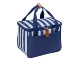 A striped navy picnic cooler bag with a zip closure and two carrying handles. It features a front pocket and a branded logo.