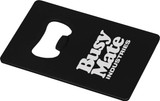 A drink bottle opener with a rectangular black design featuring a logo. It is slim and card-sized.