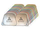 A series of silver sunshades in various colours, featuring a logo, arranged in a neat display.