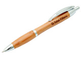 A bamboo pen with silver accents and a branding logo, resting on a white background.